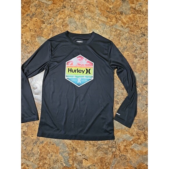 Hurley Long Sleeve Swim Shirt UPF 50+ Black W/Neon Graphic Logo Size 14/16 (A190 - Picture 1 of 8